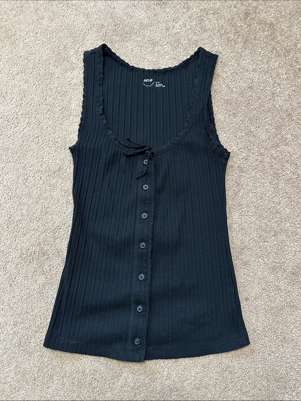aerie Black Ribbed Lace-Trim Button Tank